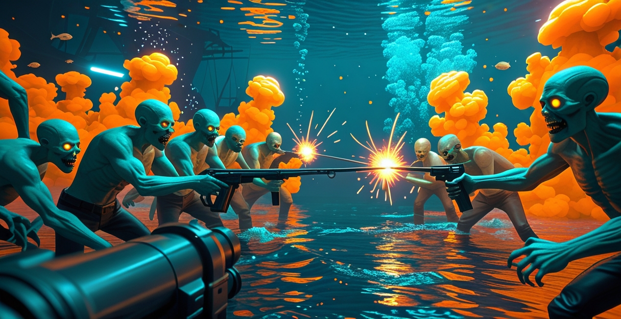Bắn cá Zombie Party Spadegaming với đàn zombie biển rực cam teal và súng plasma bắn xuyên
